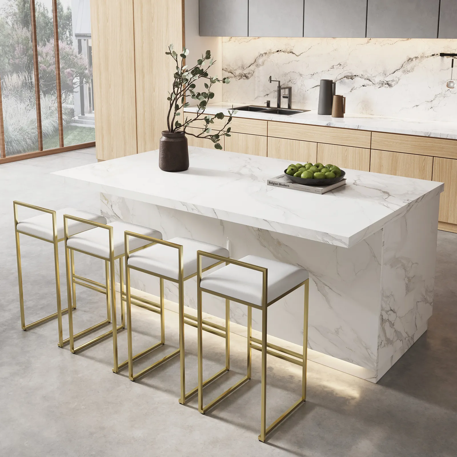 1830mm Japandi Kitchen lsland  White Wooden Storage Kitchen Cabinet with Light