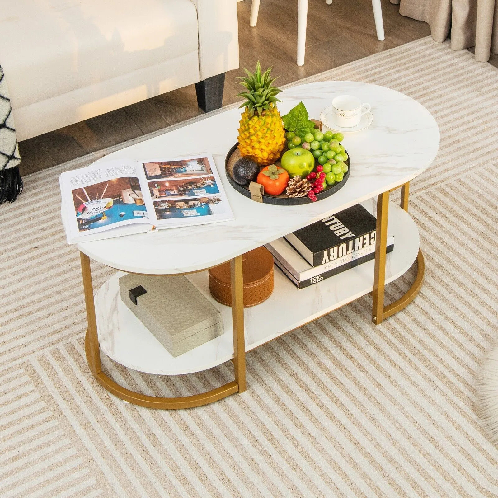 Costway Modern Faux Marble Coffee Table 2Tier Rectangular Chic Cocktail Accent Table in White 3