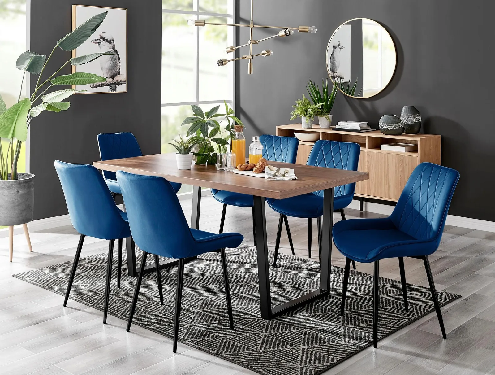 FurnitureboxUK Kylo Large Brown Wood Effect Dining Table & 6 Pesaro Velvet Black Leg Chairs in Navy 1