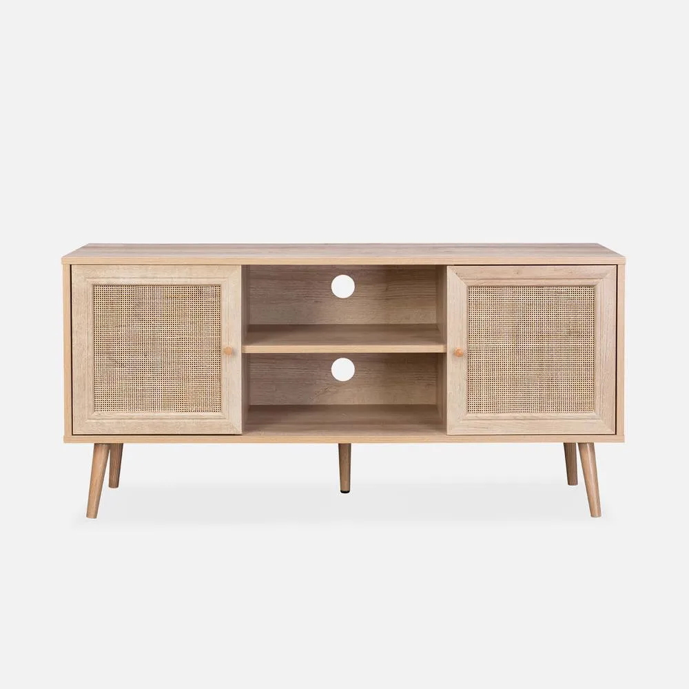 sweeek 120cm Tv Unit Wooden & Cane Effect 2 Doors in Light Brown 2