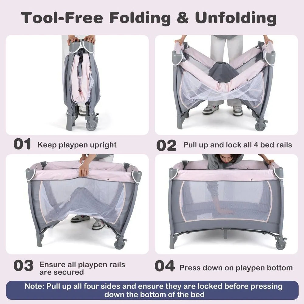 Costway Foldable Pack &Play Portable Baby Playard w/Rocking Bassinet&Music Box in Pink 6