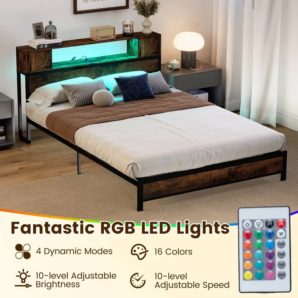 Costway Double Size Bed Frame Metal Platform Bed w/LED Lights&Charging Station in Brown 5