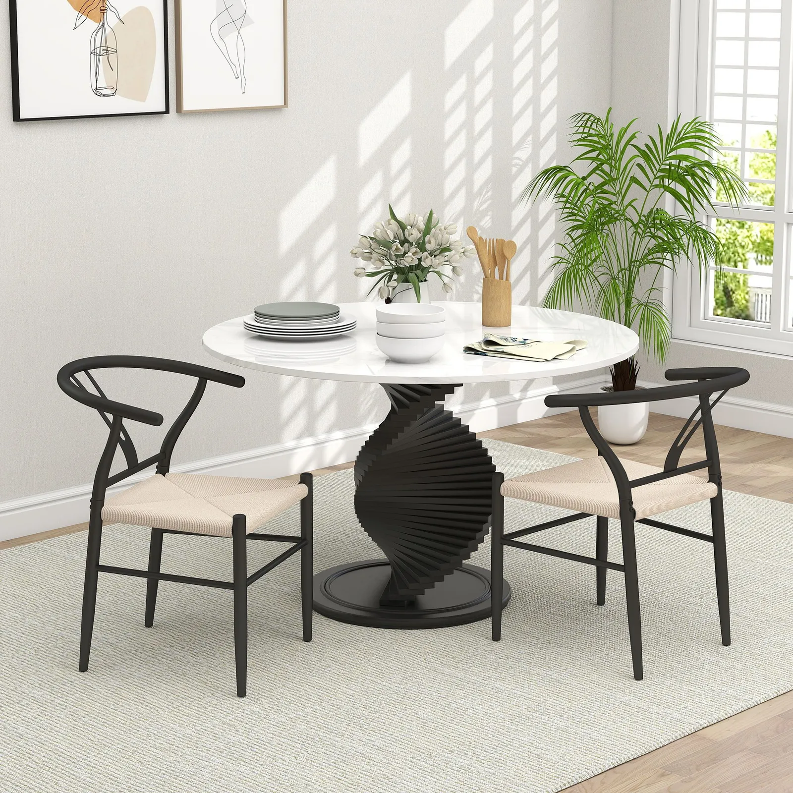 HOMCOM Weave Dining Chairs Set of 2 with Y-Shaped Backrest Hemp Seat Black