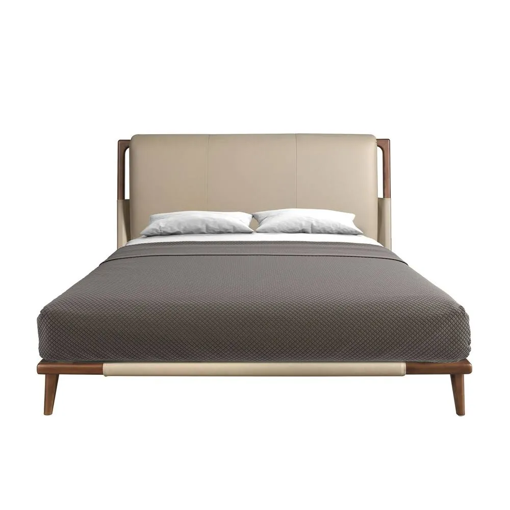 Angel Cerda Mink Leatherette Double Bed with Walnut-Coloured in Beige 2