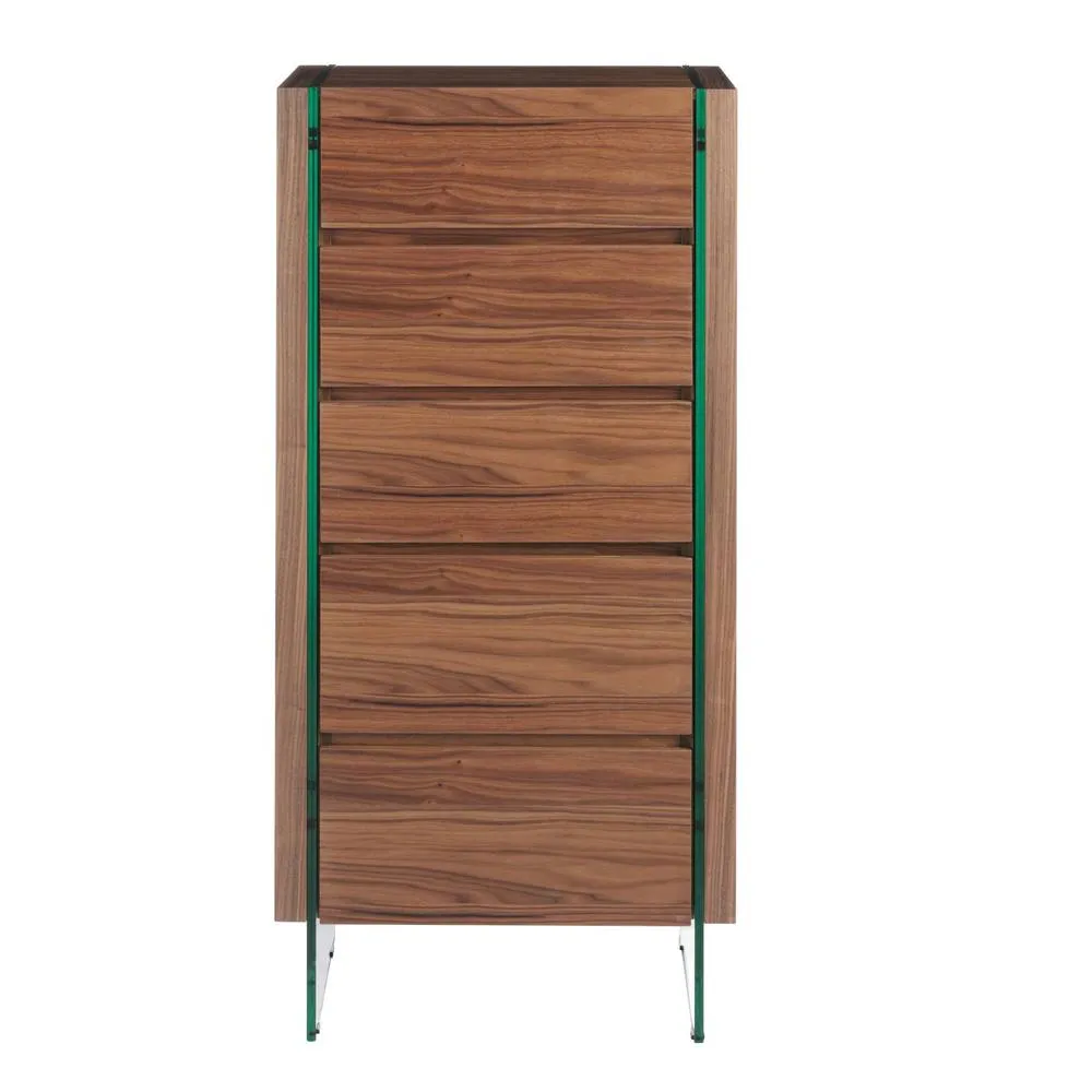 Angel Cerda Walnut Veneer Chiffonier with Tempered Glass Legs, 5 in Brown 2