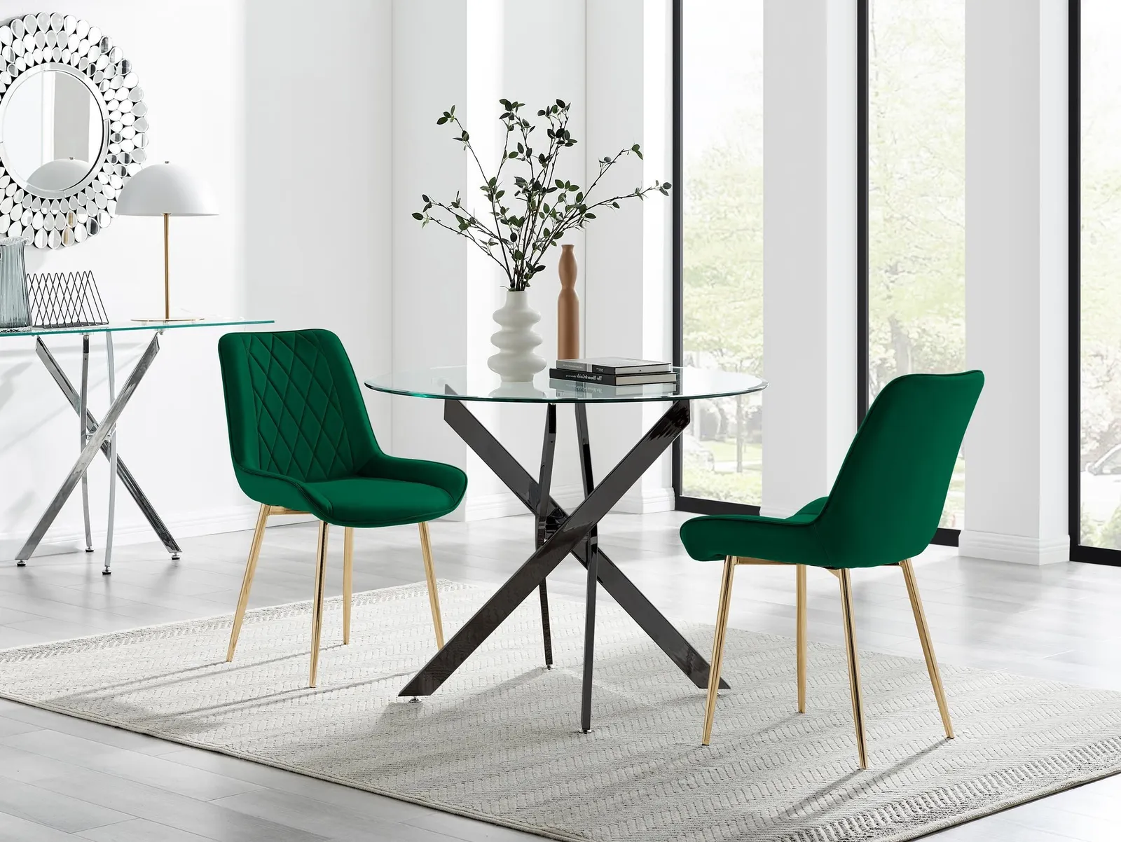 FurnitureboxUK Novara 100cm Round Black Leg Dining Table & 2 Pesaro Gold Leg Chairs in Green 1