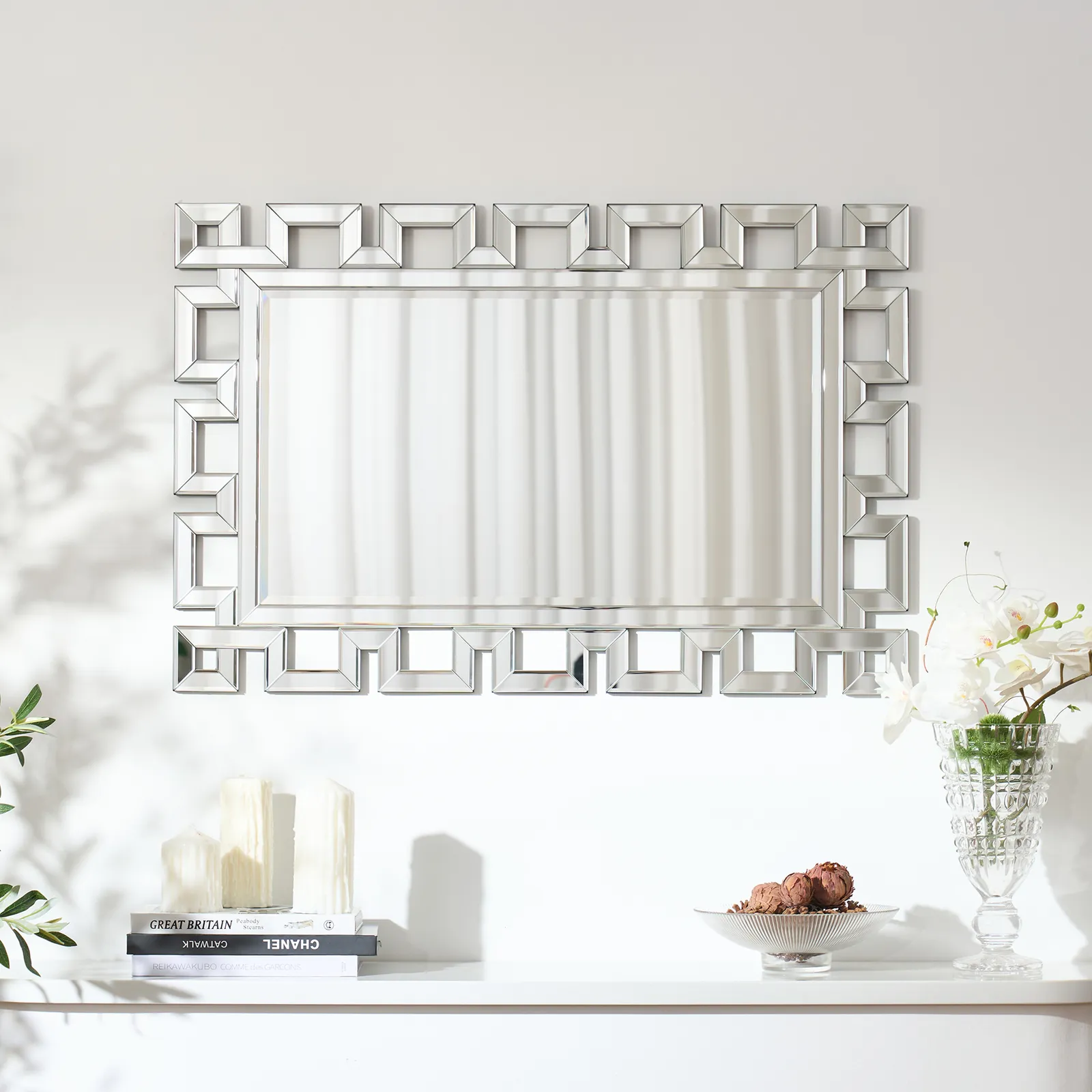 Rectangular 900mm Decorative Wall Mirror with Geometric Beveled Frame