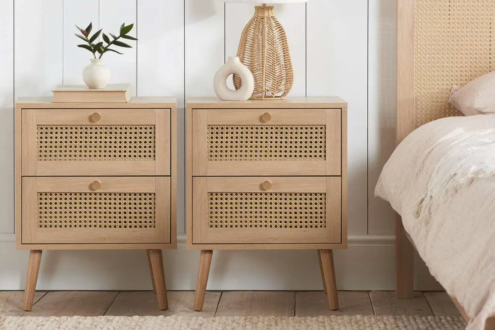 Birlea Pair of Bedside 2 Drawer Cabinet Rattan Croxley Side Table Oak in Light Oak
