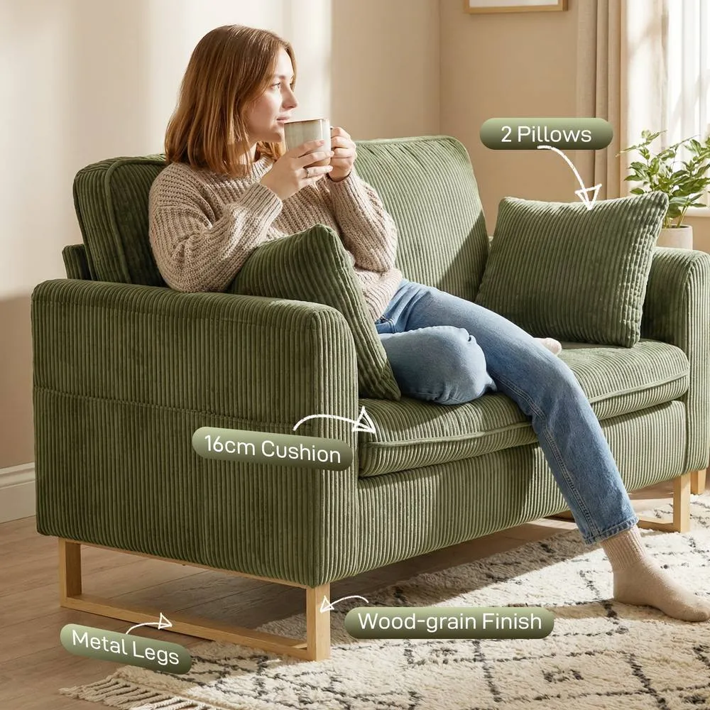 HOMCOM 2 Seater Sofa, Corduroy Sofa w/ Spring Cushions 2 Pillows, Dark Green 5
