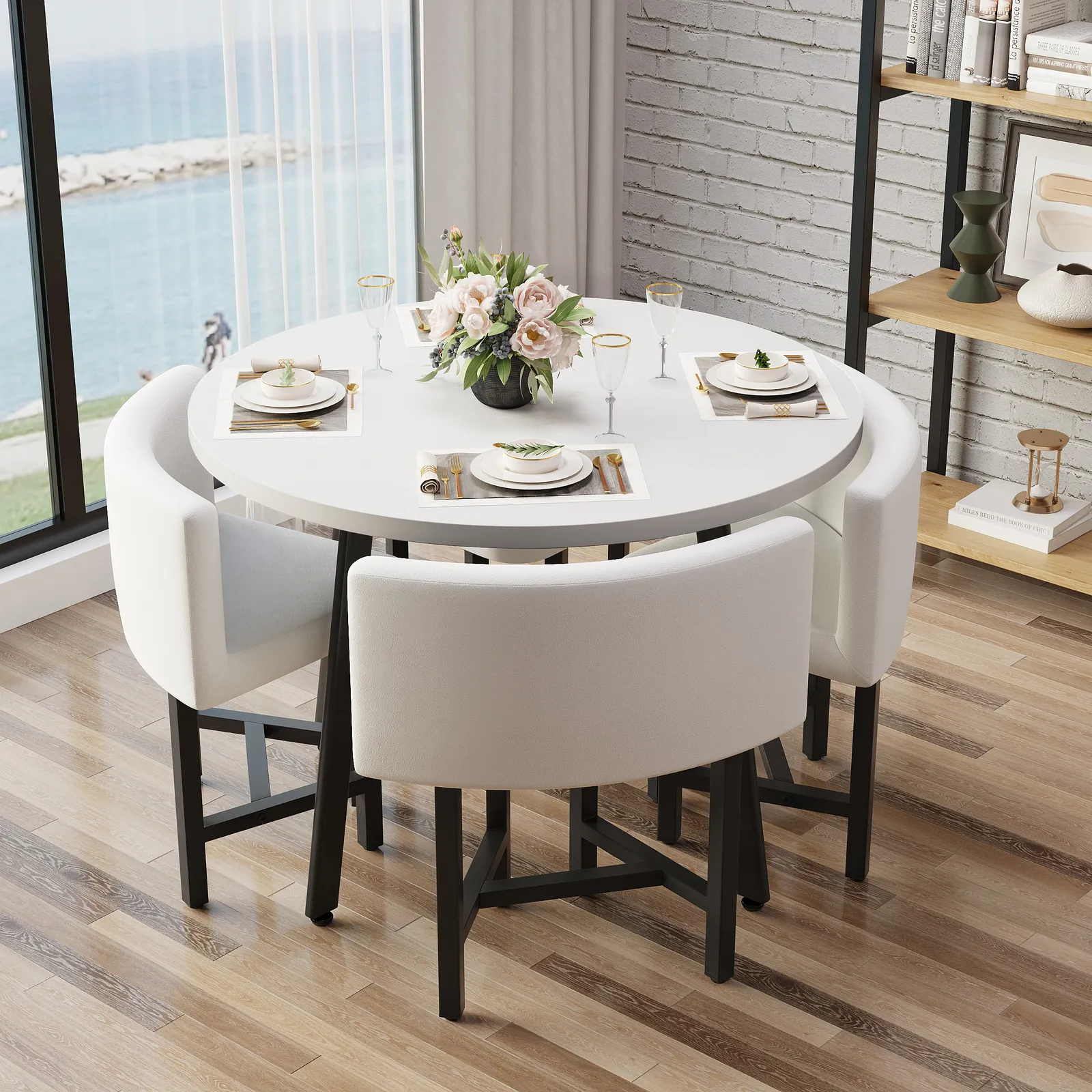40" Round Wooden White Small Nesting Dining Table Set for 4 White Upholstered Chairs