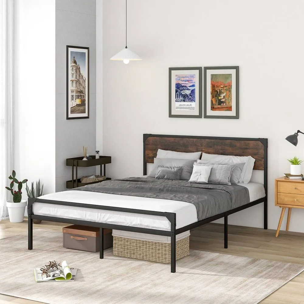 Costway Industrial Double Size Bed Frame Metal Platform Bed with 9 Legs in Brown