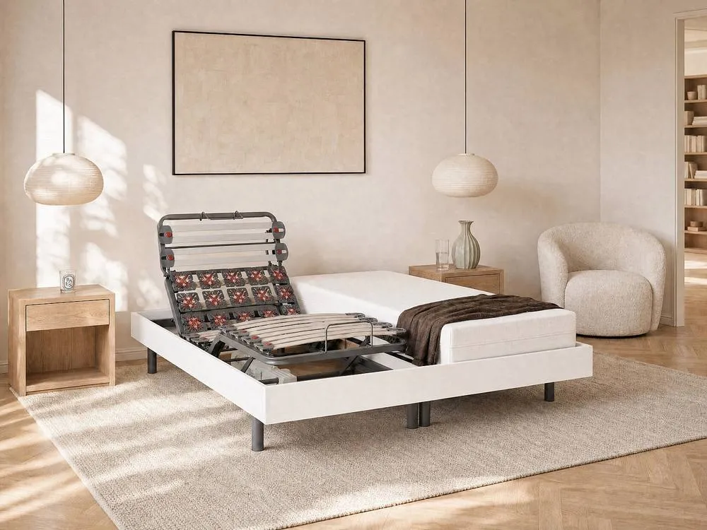 Vente-unique Electric Adjustable Upholstered Bed Base - Slats & 2X25 Discs - 2 X in White 2