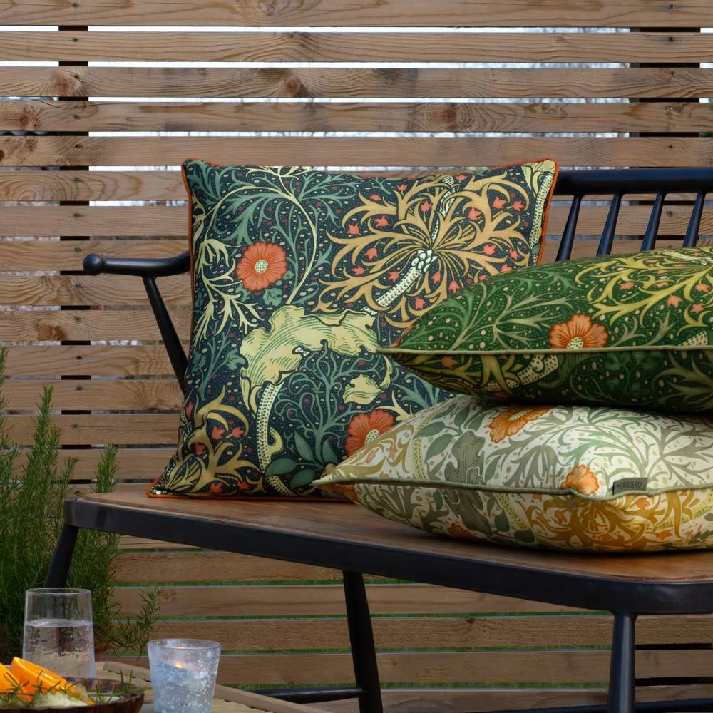 Morris & Co Seaweed Printed Piped Outdoor Cushion in Stone 5