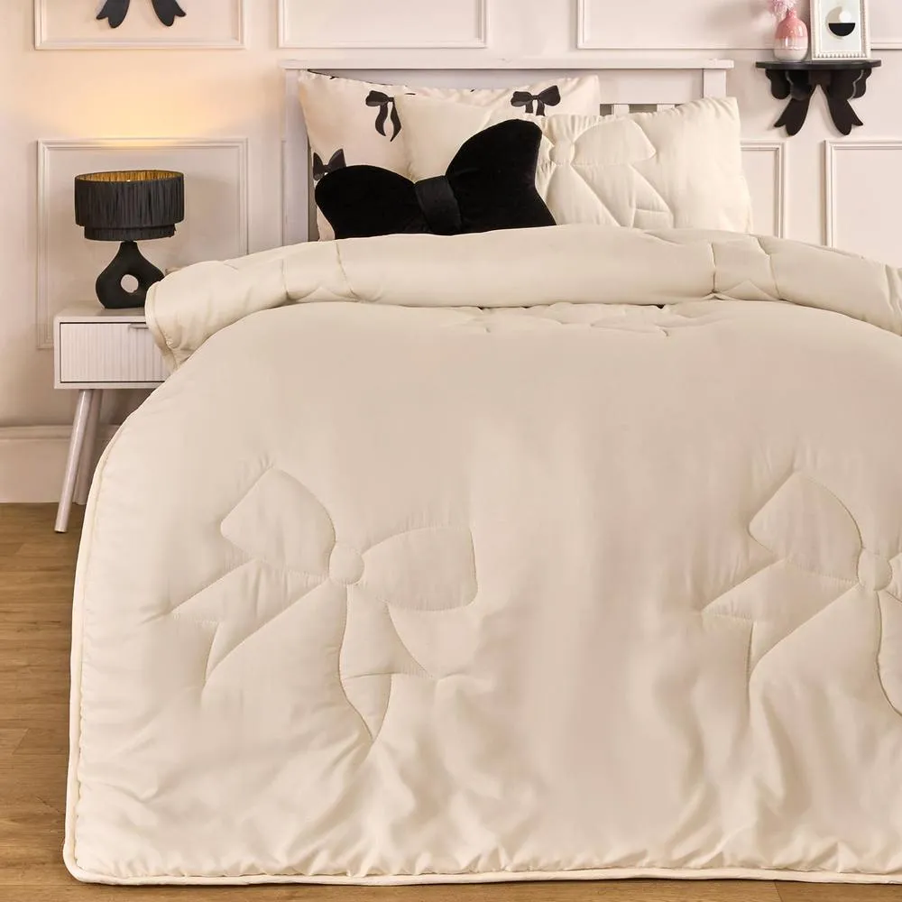 OHS Bow Quilted 7.5 Tog Coverless Duvet with Pillowcase Bedding Set in Ivory