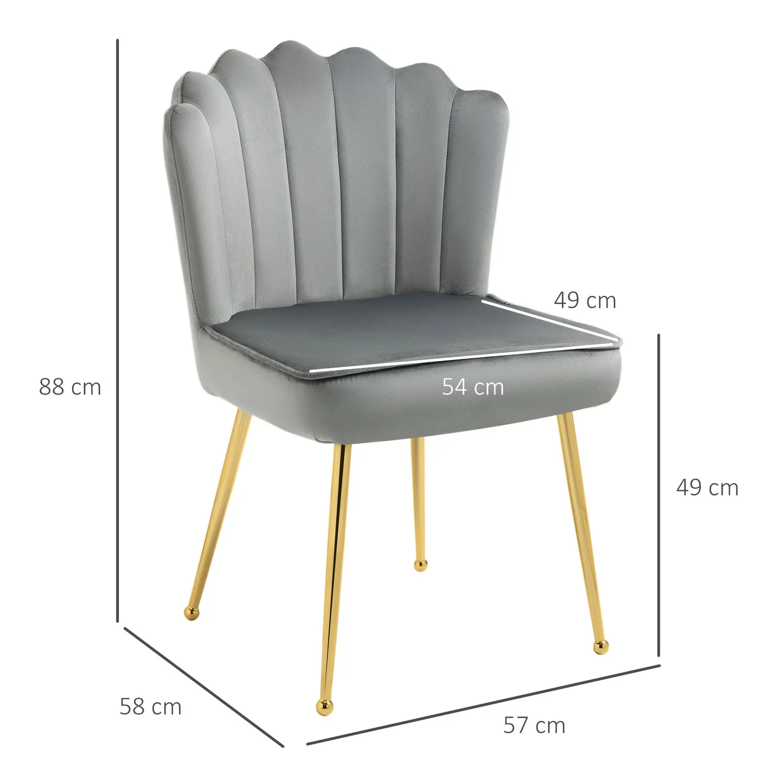 HOMCOM Velvet-Feel Shell Luxe Accent Chair Home Bedroom Lounge Metal Legs in Grey 3