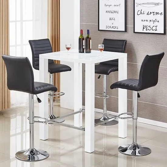 Jam Glass Bar Table Set In White Gloss 4 Ripple Black Stools