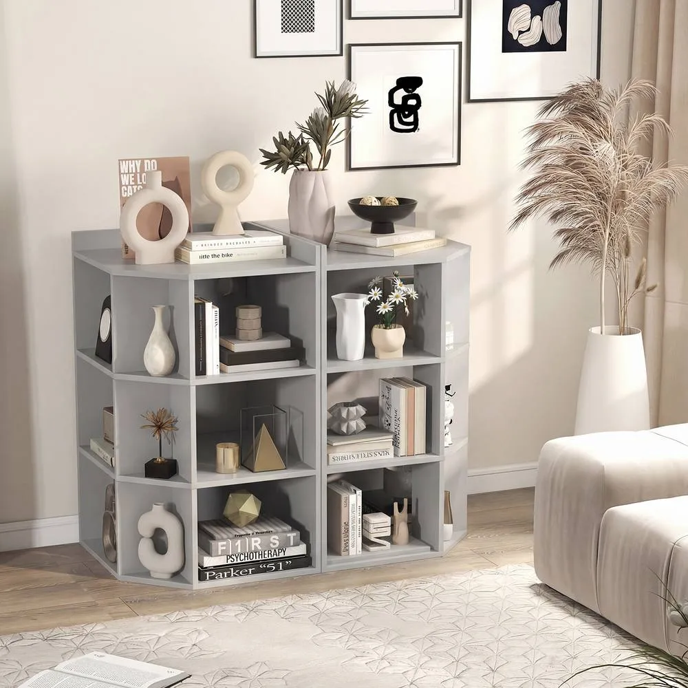 Costway 4-Tier Wooden Corner Bookcase 9 Cubbies Bookshelf w/ Charging Station in Grey 3