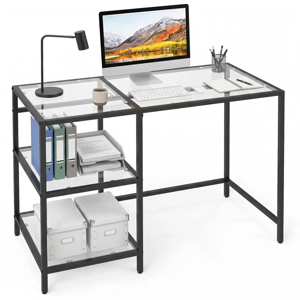 Costway Tempered Glass Computer Desk Modern Office Desk with Storage Shelves in Black 2
