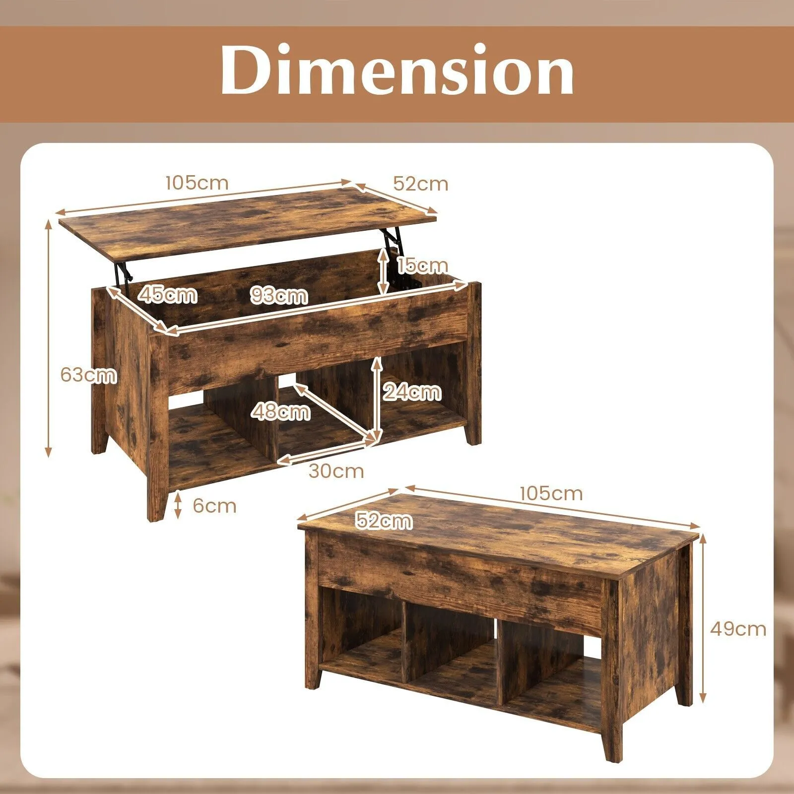 Costway Lift Top Coffee Table Modern Wooden Lift Top Dining Cocktail Table Living Room in Brown 2