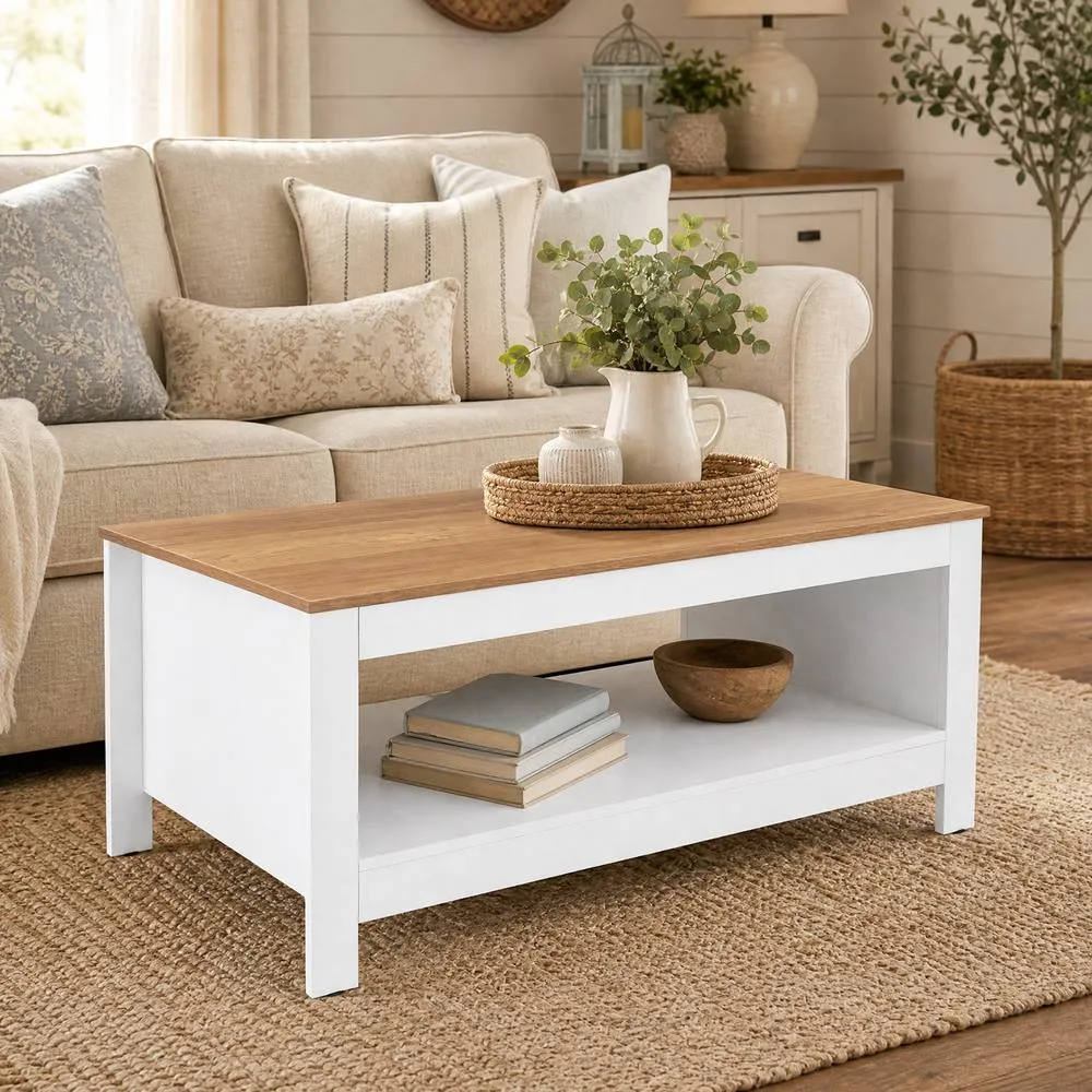 Costway 2 Tier Coffee Table Natural & White Center Table for Living Room 4