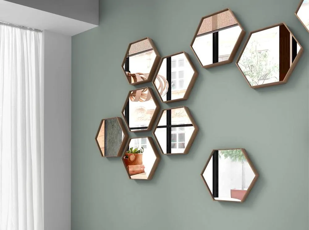 Angel Cerda Hexagonal Walnut Veneer Wall Mirror, 46x40x6 cm 3