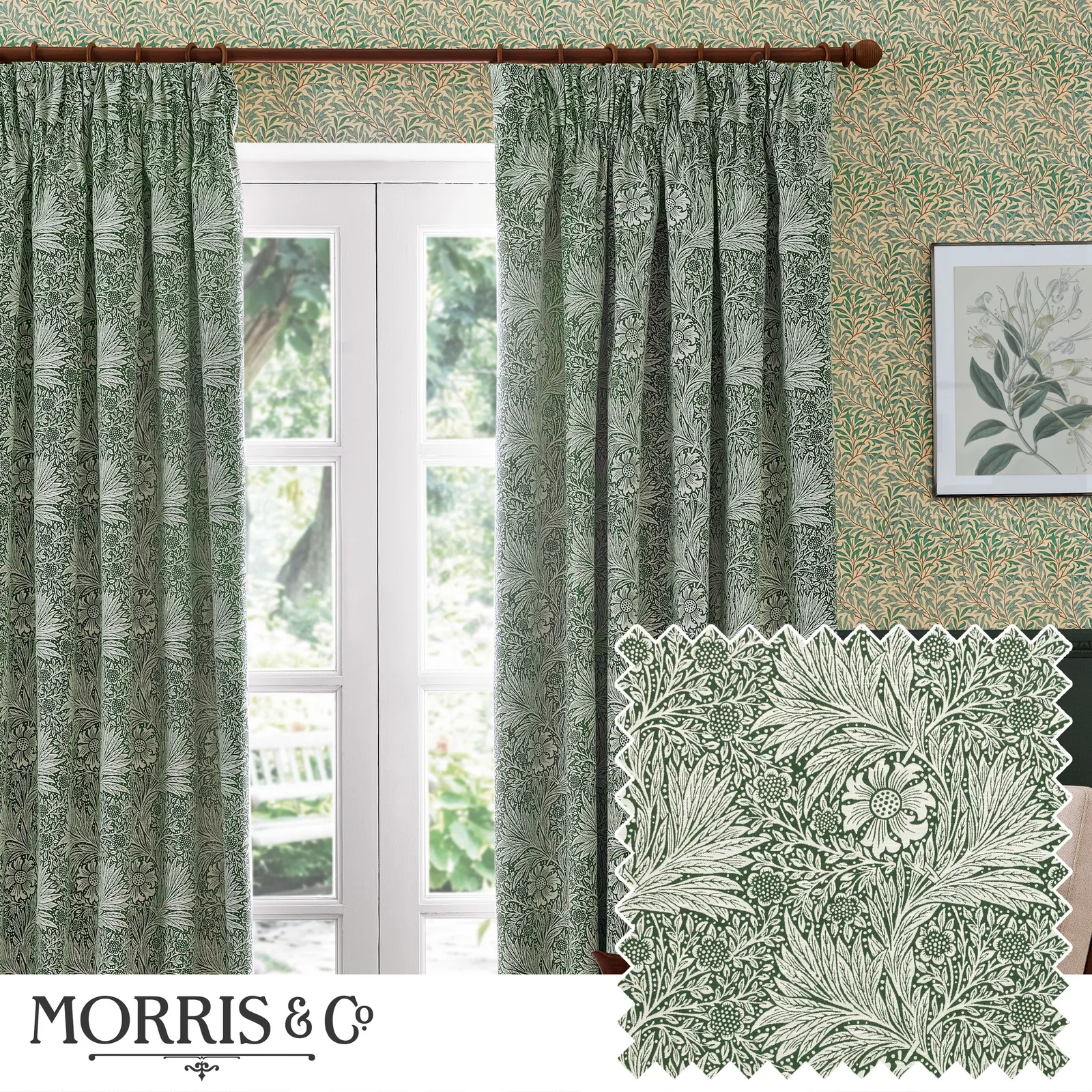 Morris & Co Marigold Jacquard Floral Room Darkening Pencil Pleat Curtains in Green 1