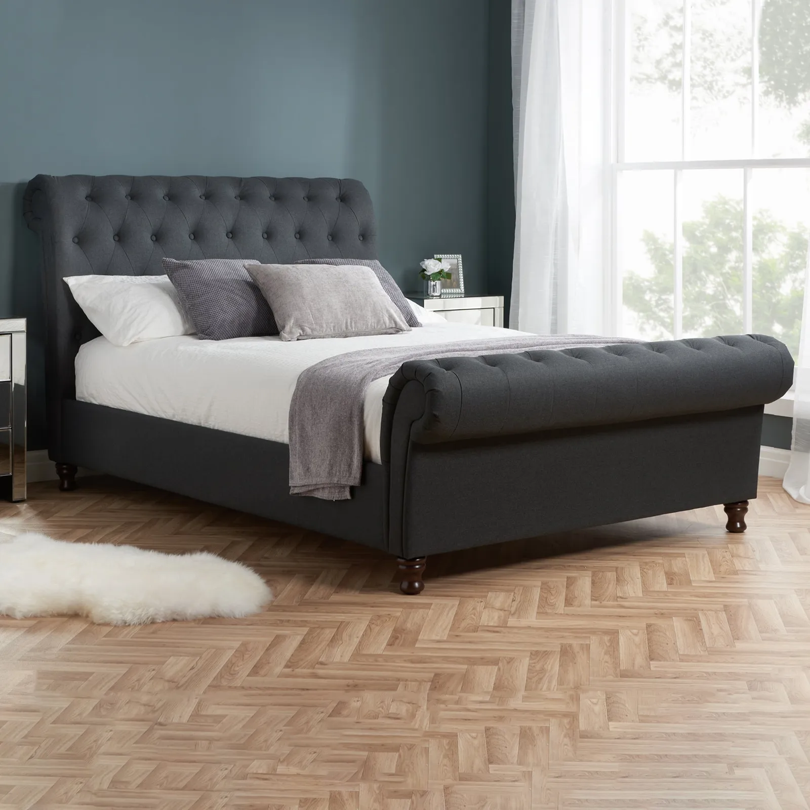 Castello Charcoal Sleigh Fabric Bed Frame Black