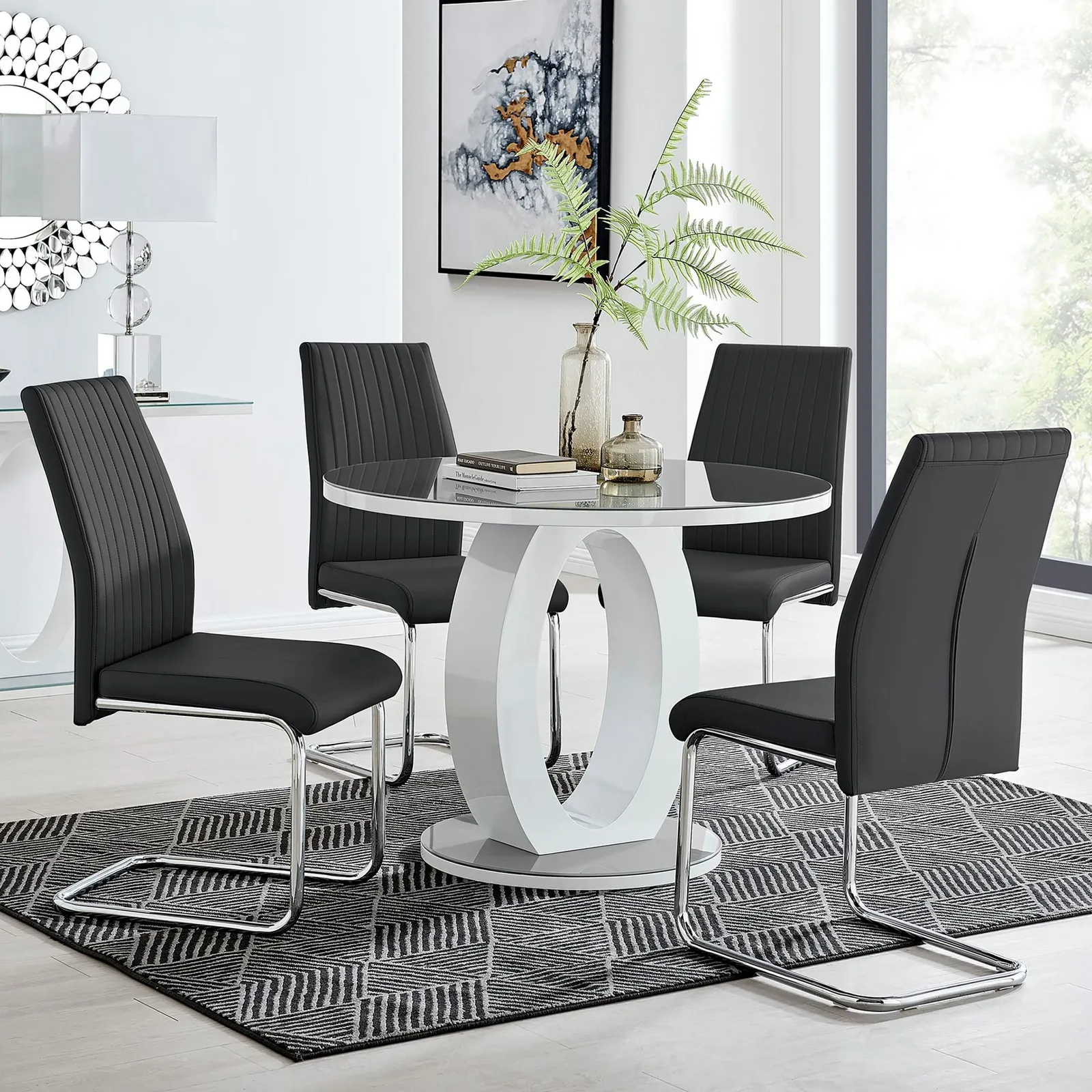 FurnitureboxUK Giovani Round 4 Seat 100cm White High Gloss Unique Halo Base Grey Glass Top Dining Table 4 Soft Faux Leather Lorenzo Chairs in Black 1
