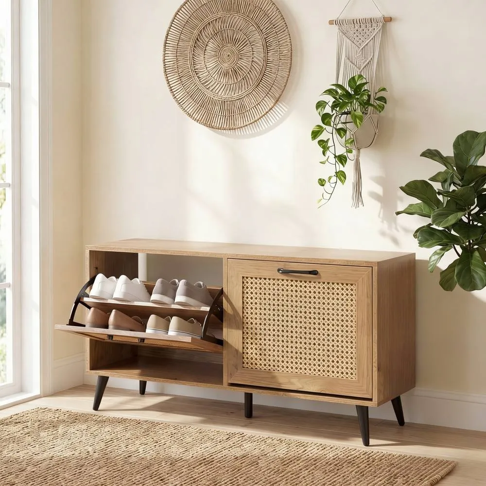 Costway Shoe Storage Cabinet Narrow Shoe Organizer 2 Drawers in Light Oak 3