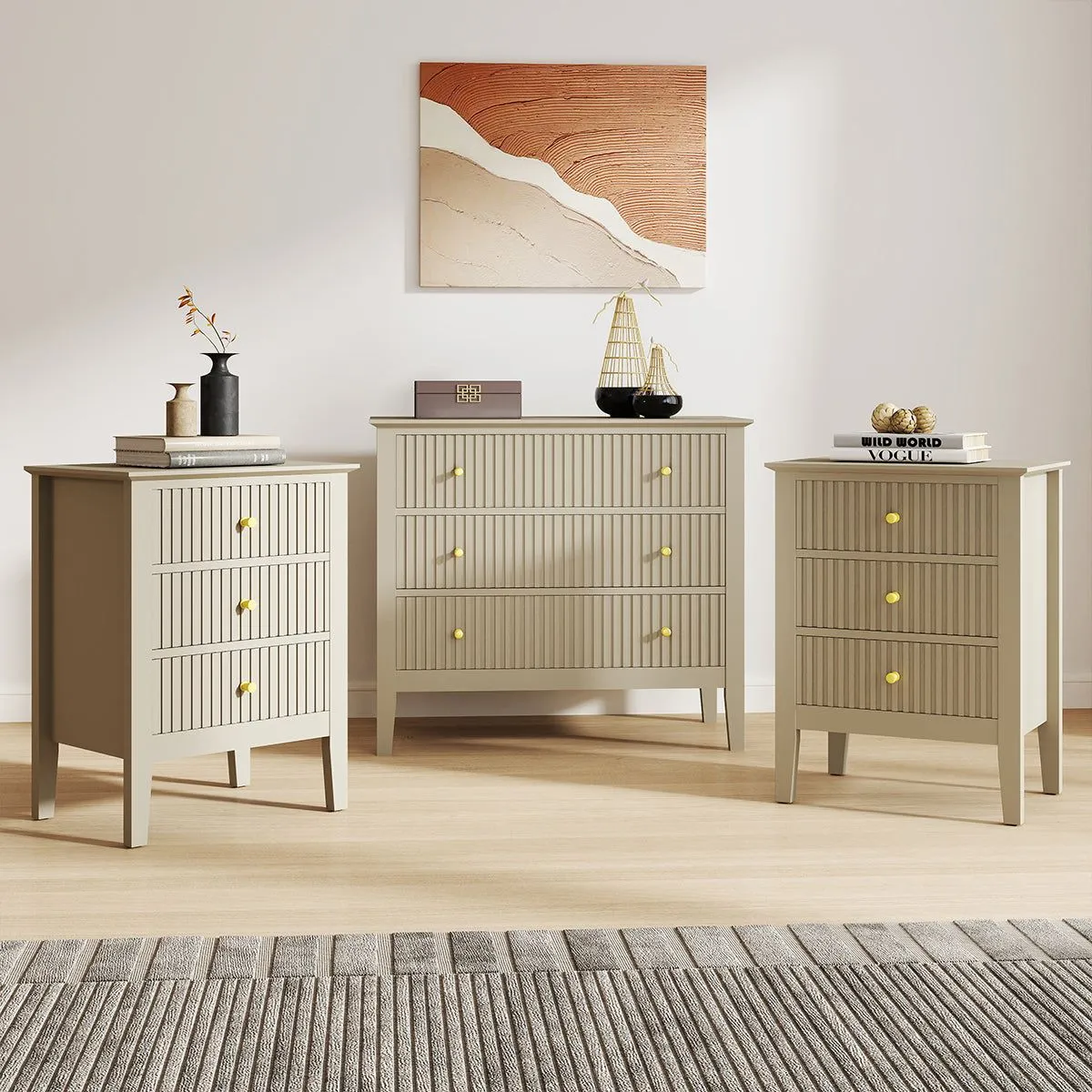 Melody Maison 3 Drawer Chest Of Drawers & Pair Of Bedside Tables - Hales Taupe Range in Beige