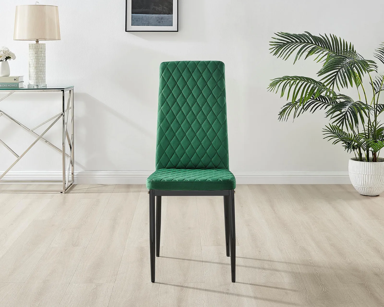 FurnitureboxUK Set of 4 Milan High Back Soft Touch Diamond Pattern Velvet Dining Chairs With Black Powder Coated Metal Legs in Green 4