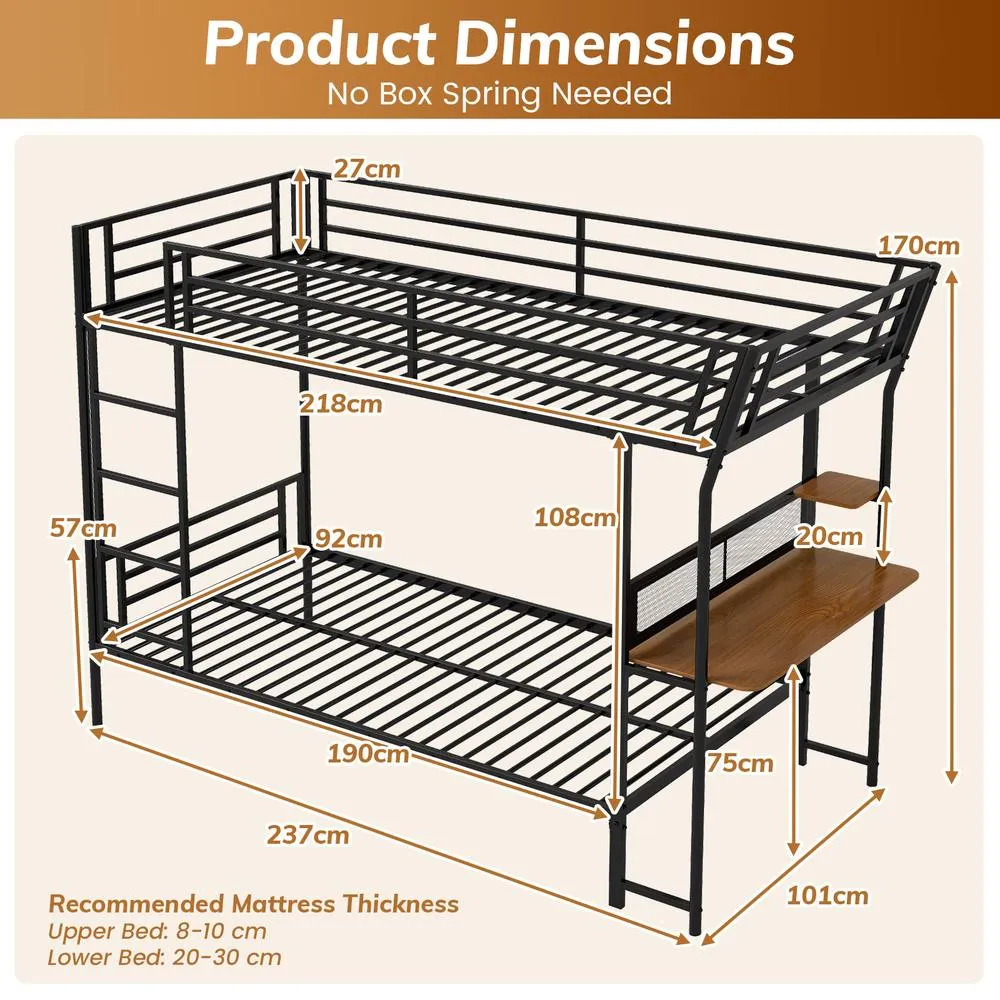 Costway Bunk Bed Single over Single Loft Bed with Wooden Tabletop & Shelf in Black 2