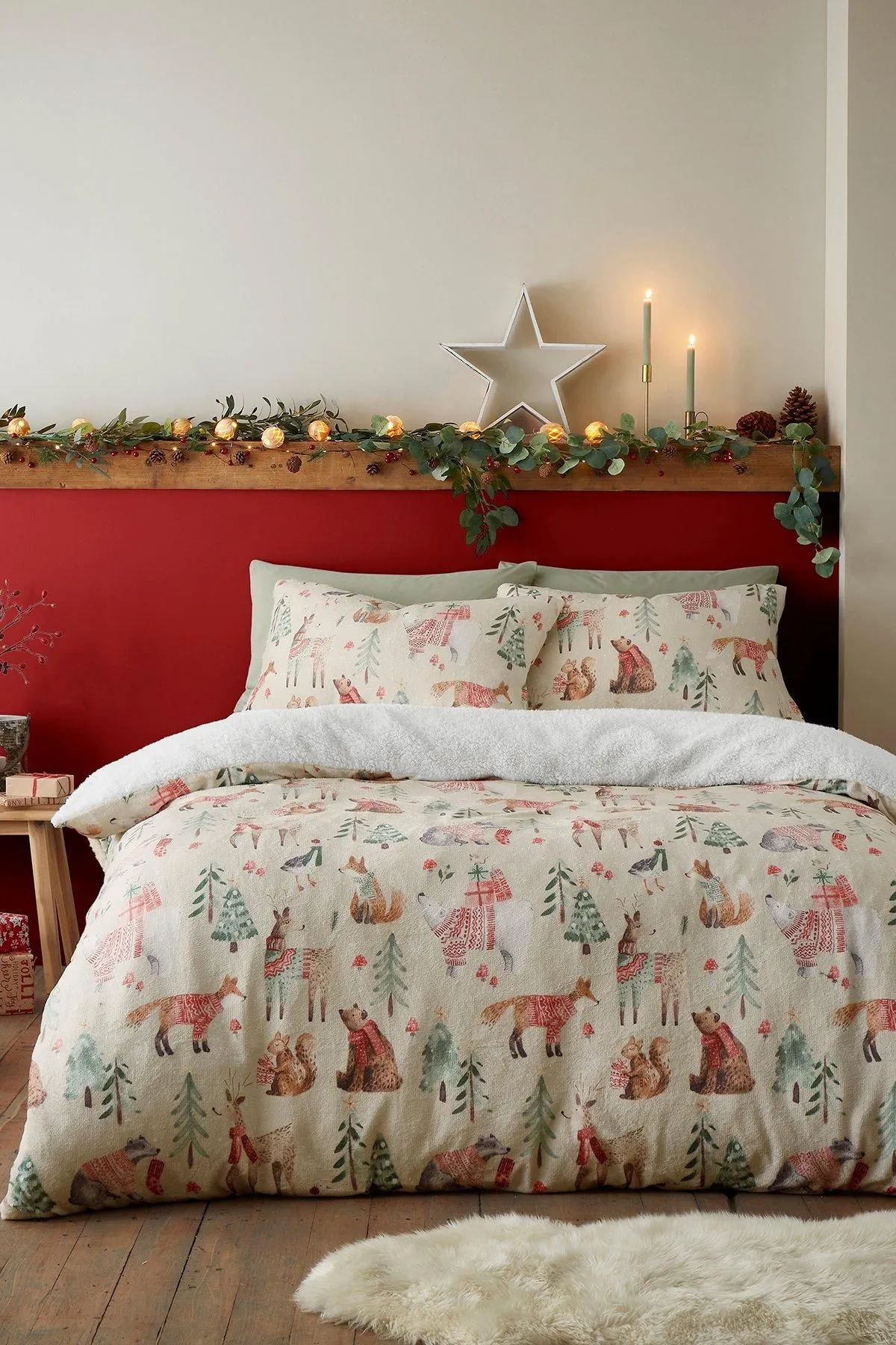 Fusion 'Christmas Woodland Animals' Plush Duvet Cover Set in Natural