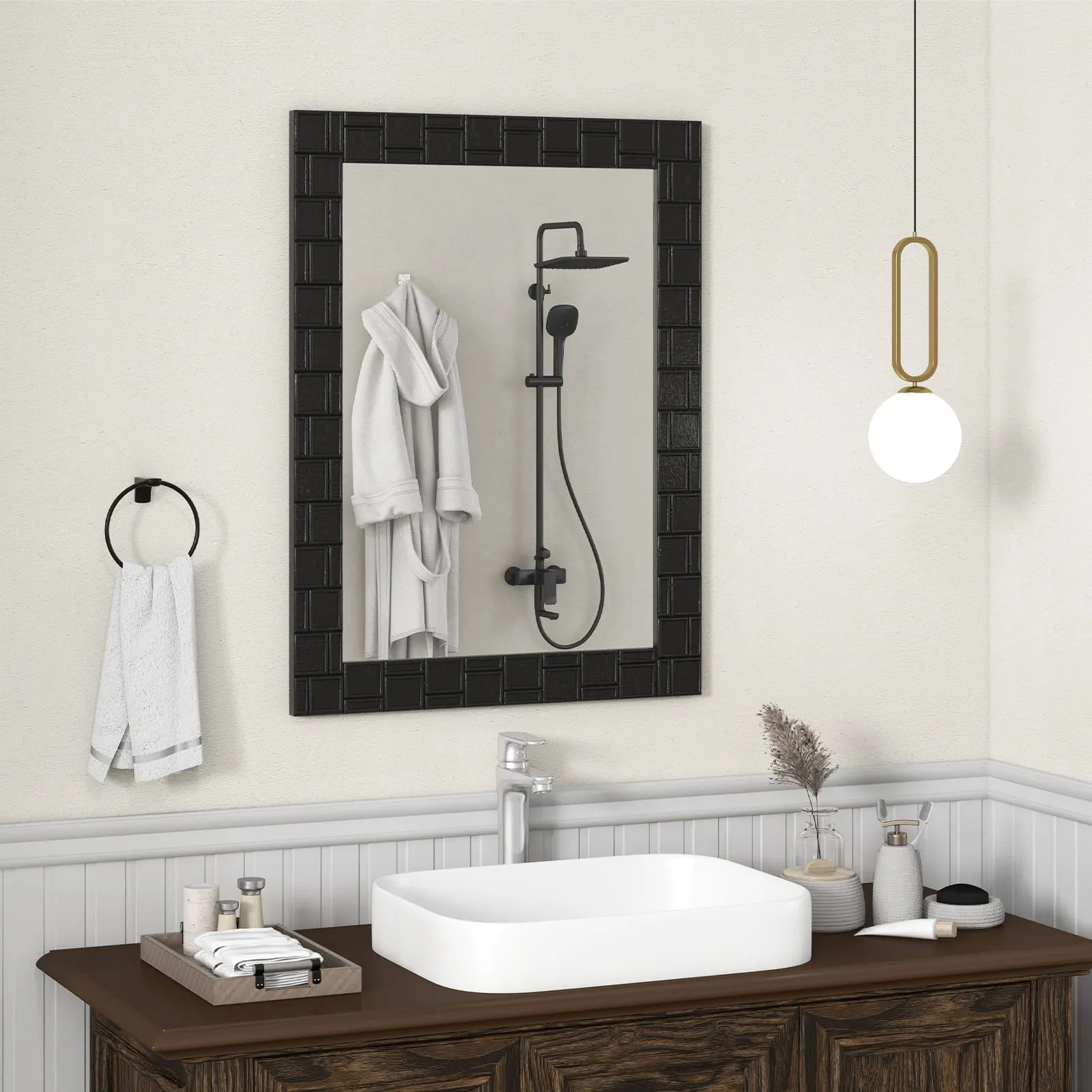 Costway Wooden Framed Wall Mirror 80 x 60 cm Bathroom Rectangular Mirror in Black 5