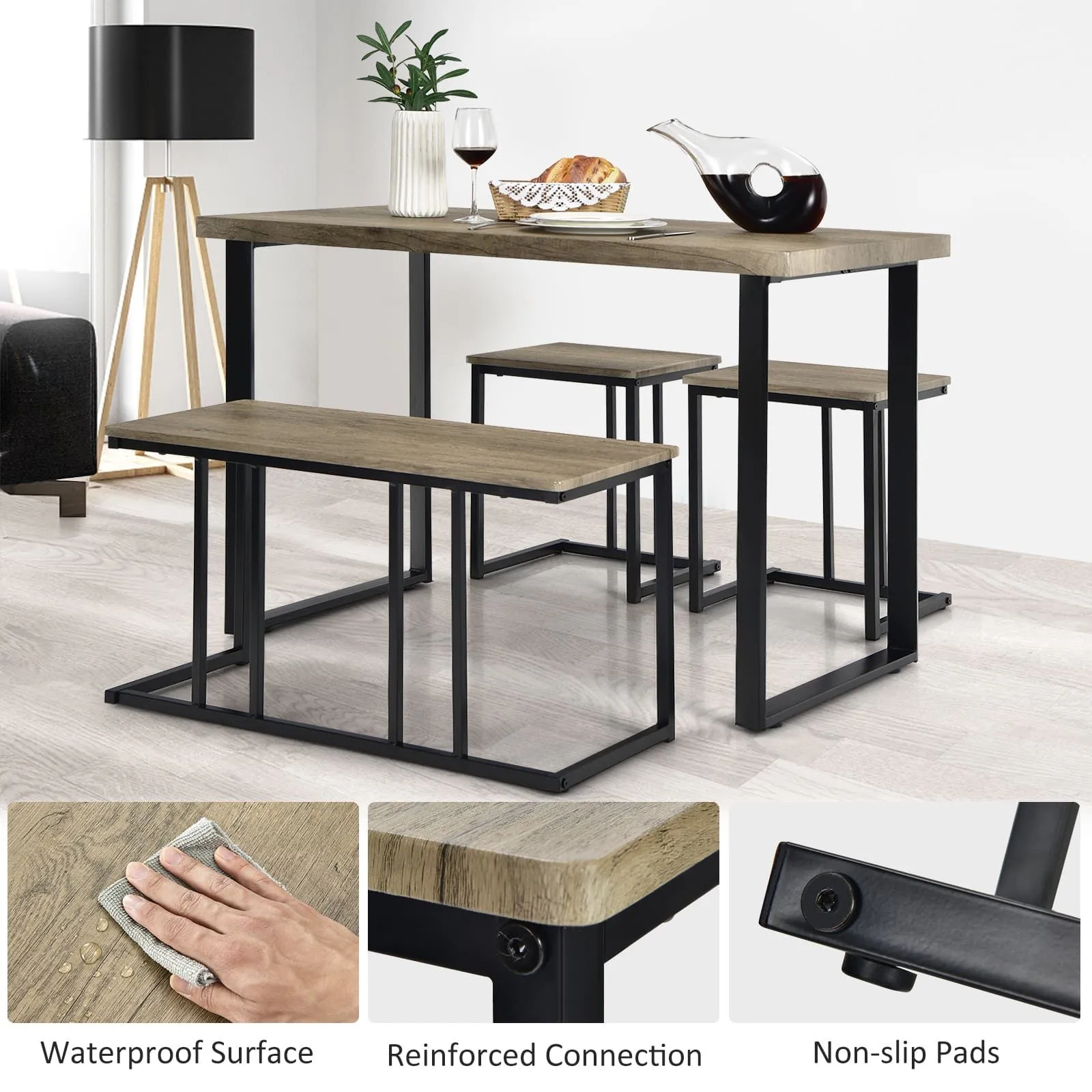Costway 4PCS Industrial Dining Table & Chair Set Kitchen Furniture Table Bench 2 Stools in Grey 4