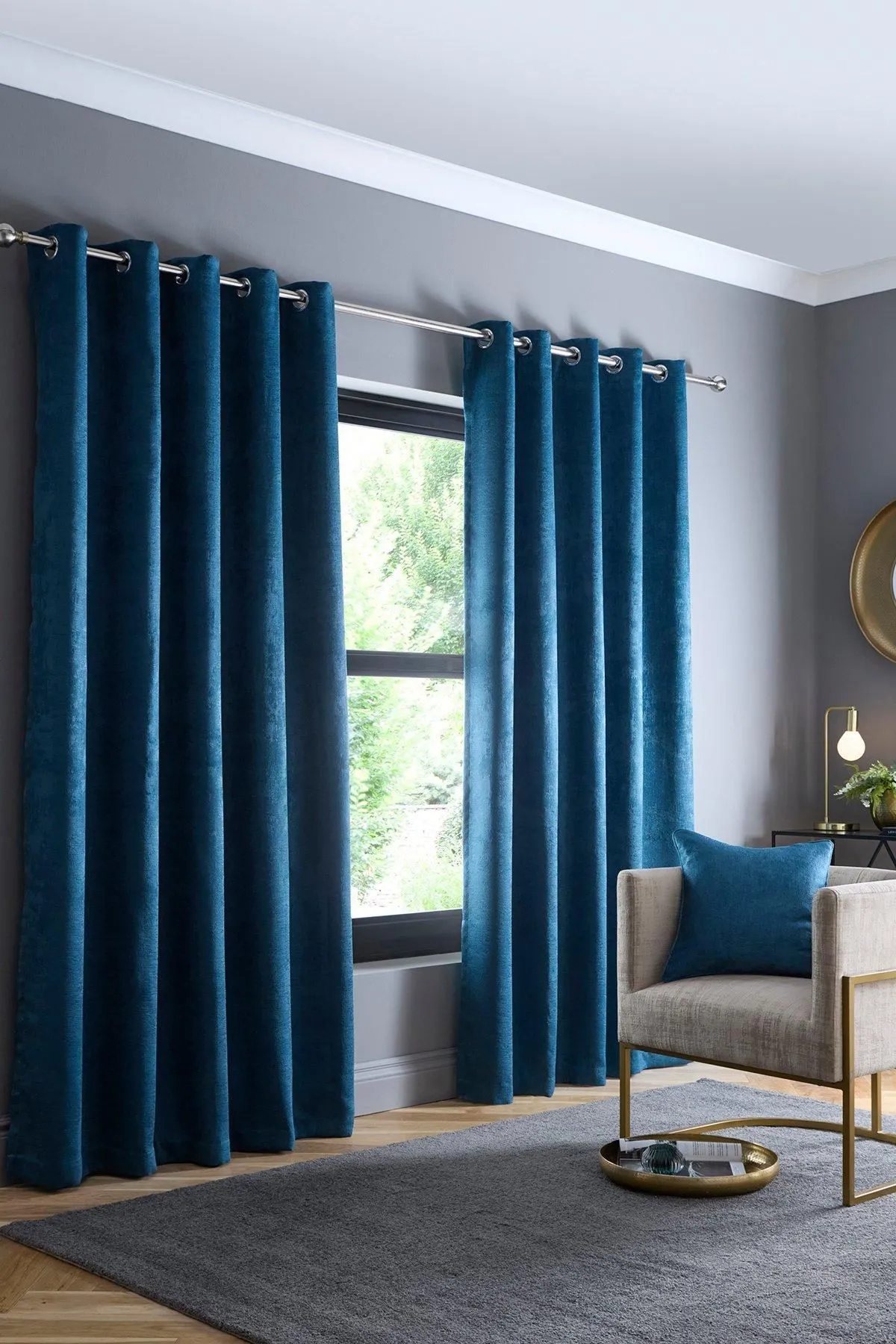 Fusion 'Strata' Triple-Woven Dimout Eyelet Curtains in Teal 1