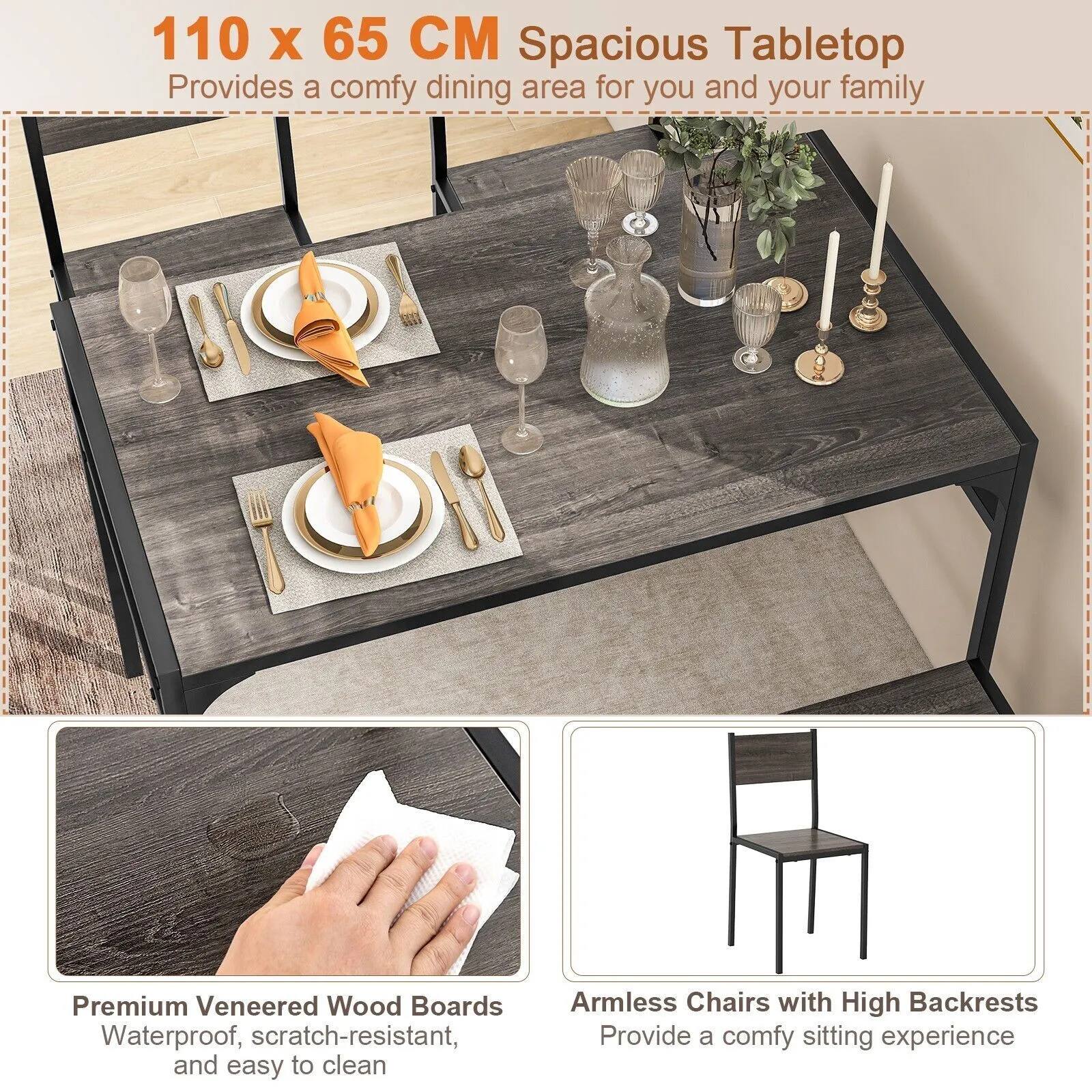 Costway 4PCS Dining Table Set Industrial Rectangular Kitchen Table w/ Chairs in Grey 6