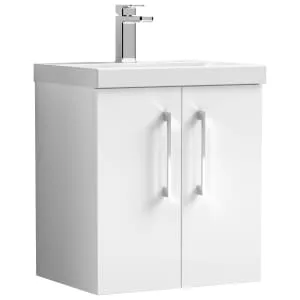 Nuie Arno Gloss White Wall Hung 2 Door Vanity Unit & Basin - 579 x 510mm