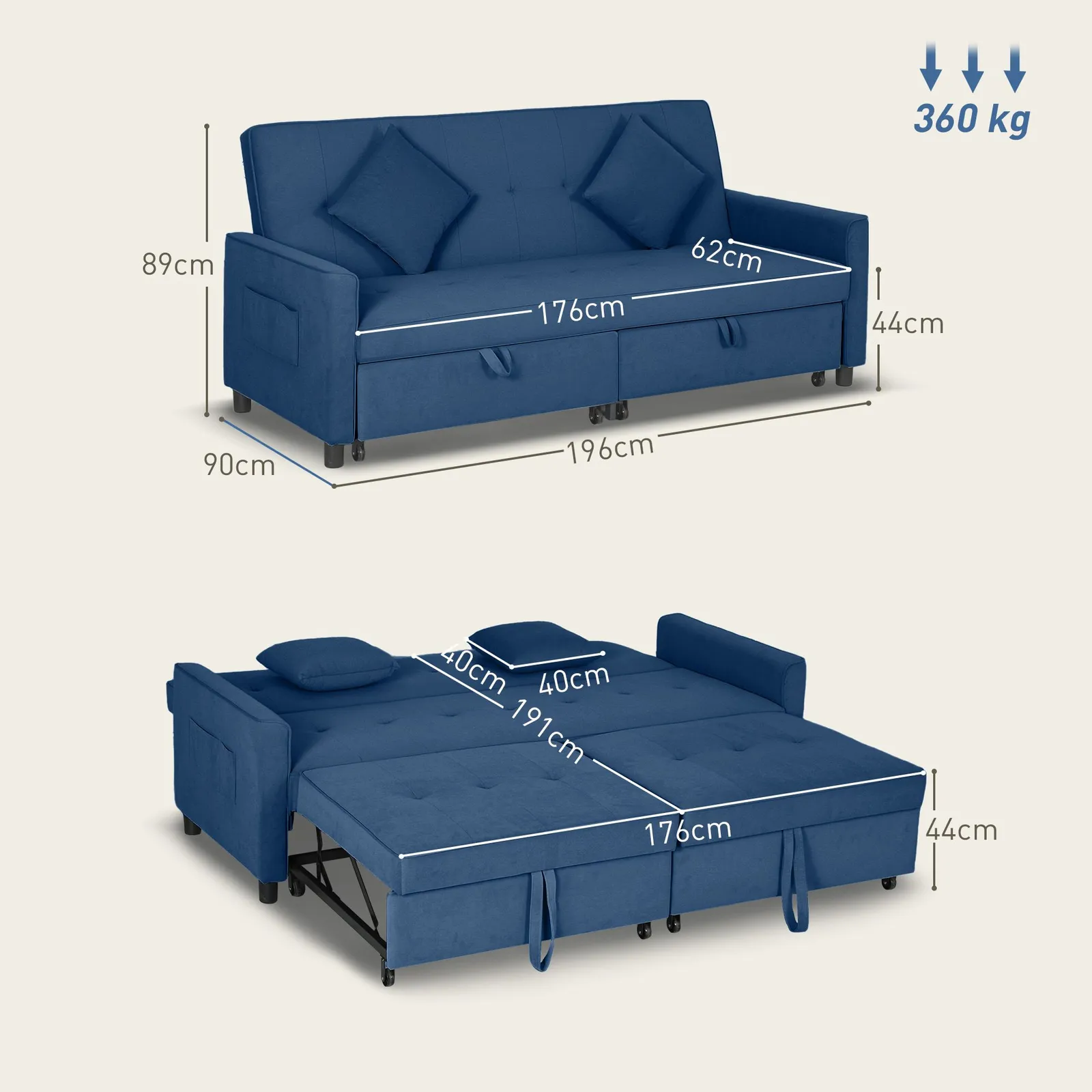 HOMCOM Reversible L-Shaped Sectional Sofa Bed with Cushions in Blue 3
