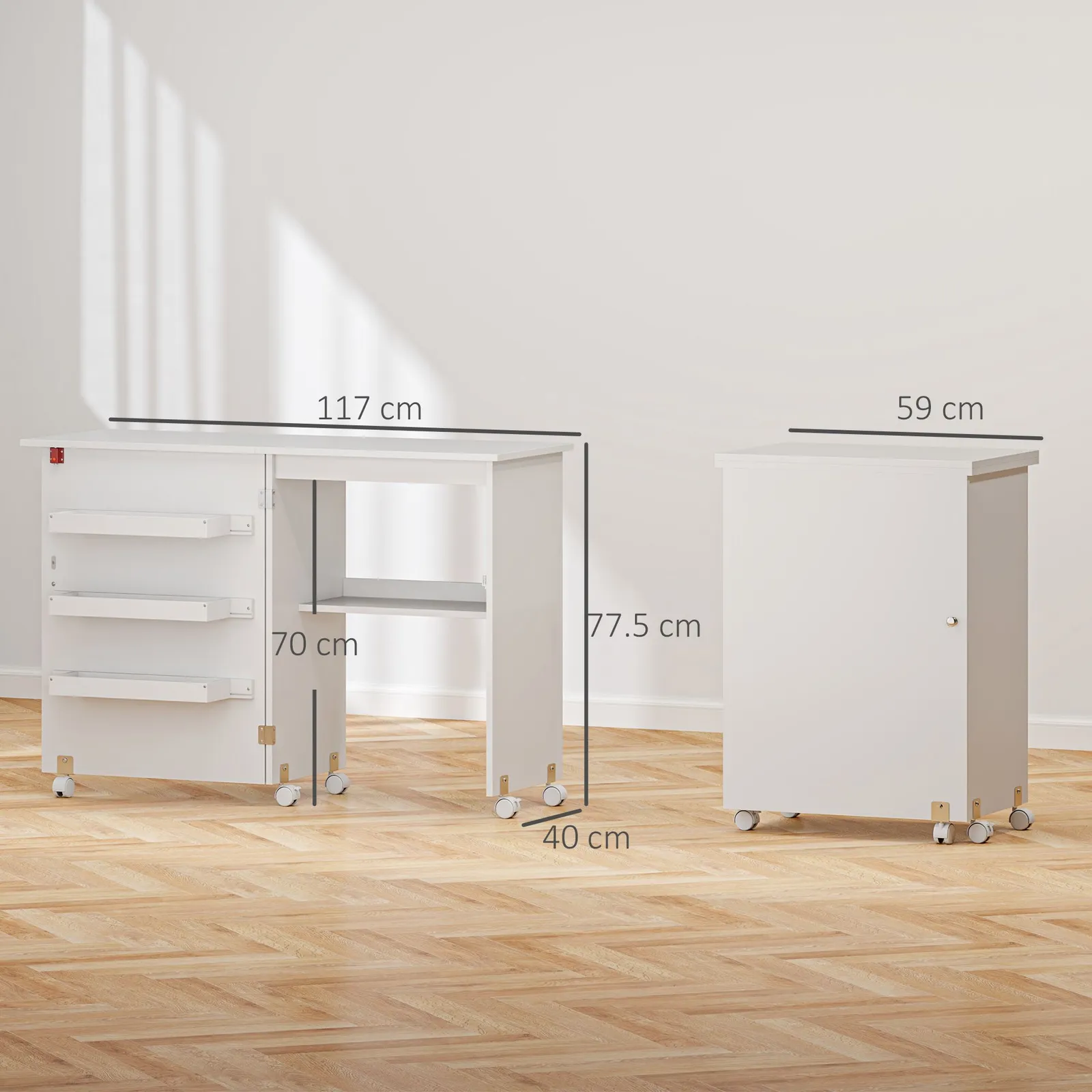 HOMCOM Folding Sewing Table Rolling Craft Table with Drop Leaf Wheels White 3