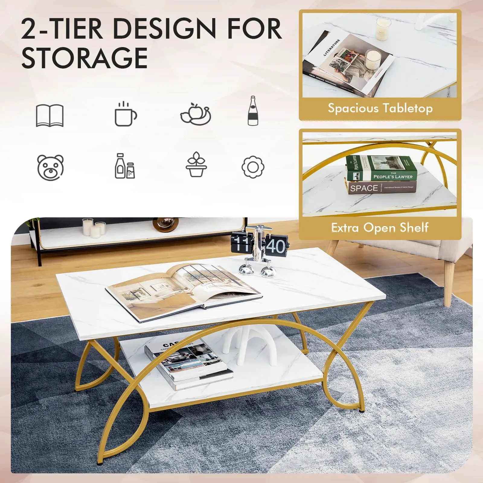 Costway Modern Faux Marble Coffee Table 2-Tier Rectangular Accent Table Chic Cocktail in White 6