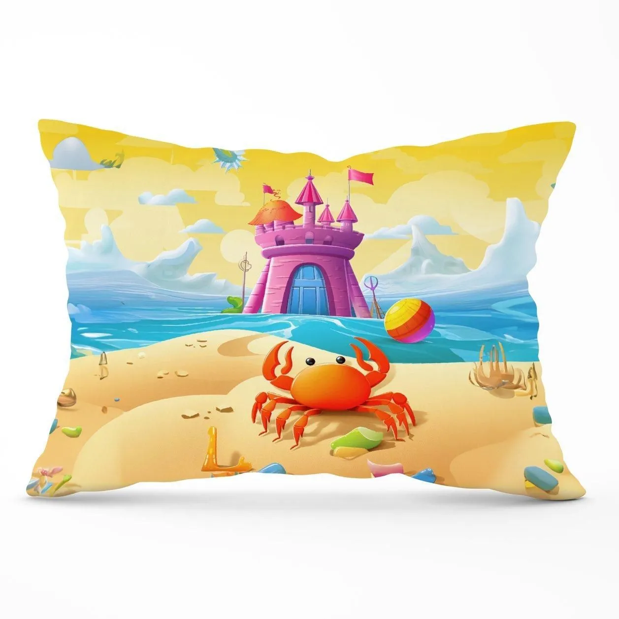 Warren Reed - Designer Orange Crab On A Beach Holiday Cushions in Yellow