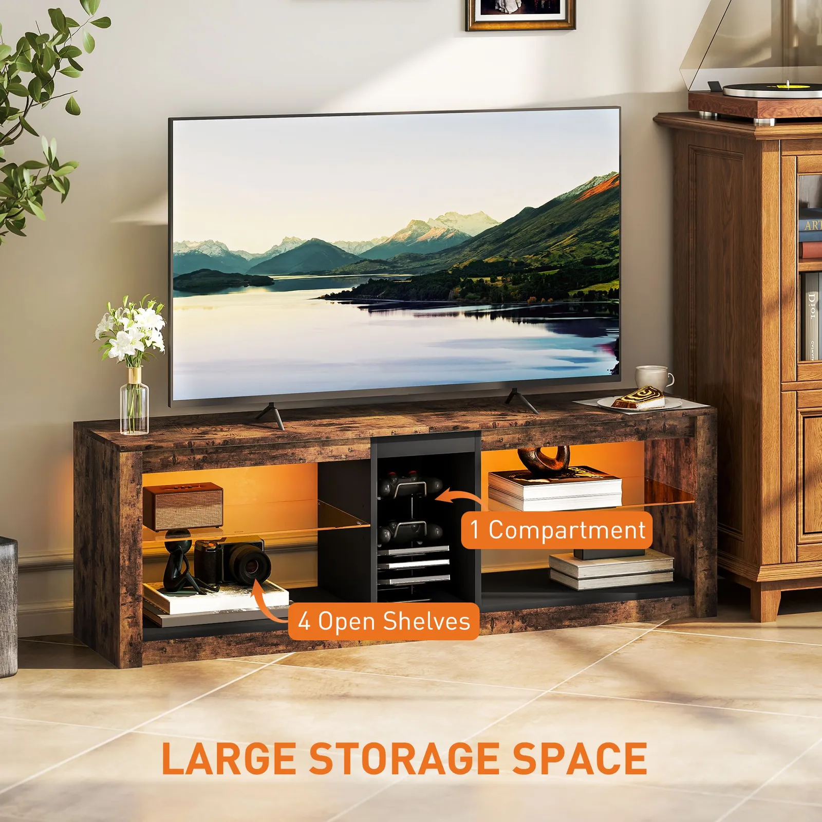 HOMCOM TV Stand, Entertainment Centre with LED Lights, Rustic Brown 6