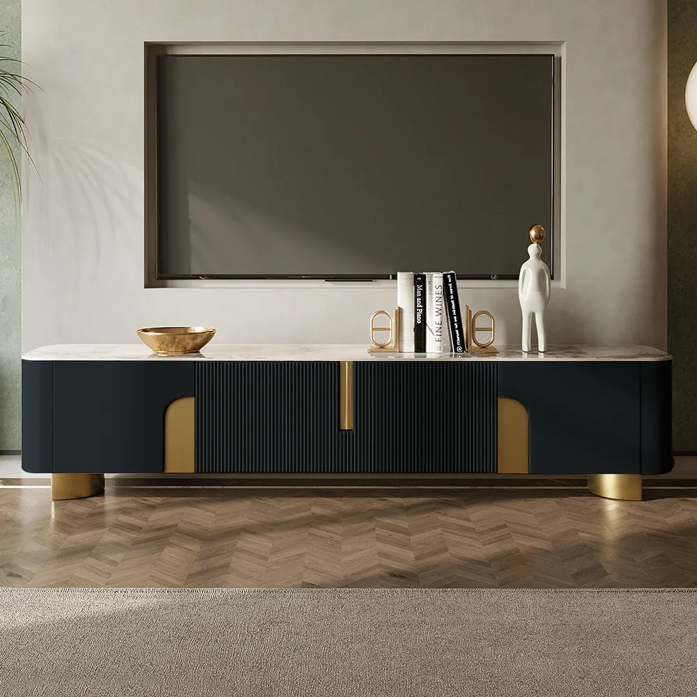 Artis Modern Black TV Stand Stone Top 4 Doors with Storage Media Console TVs up to 215 cm