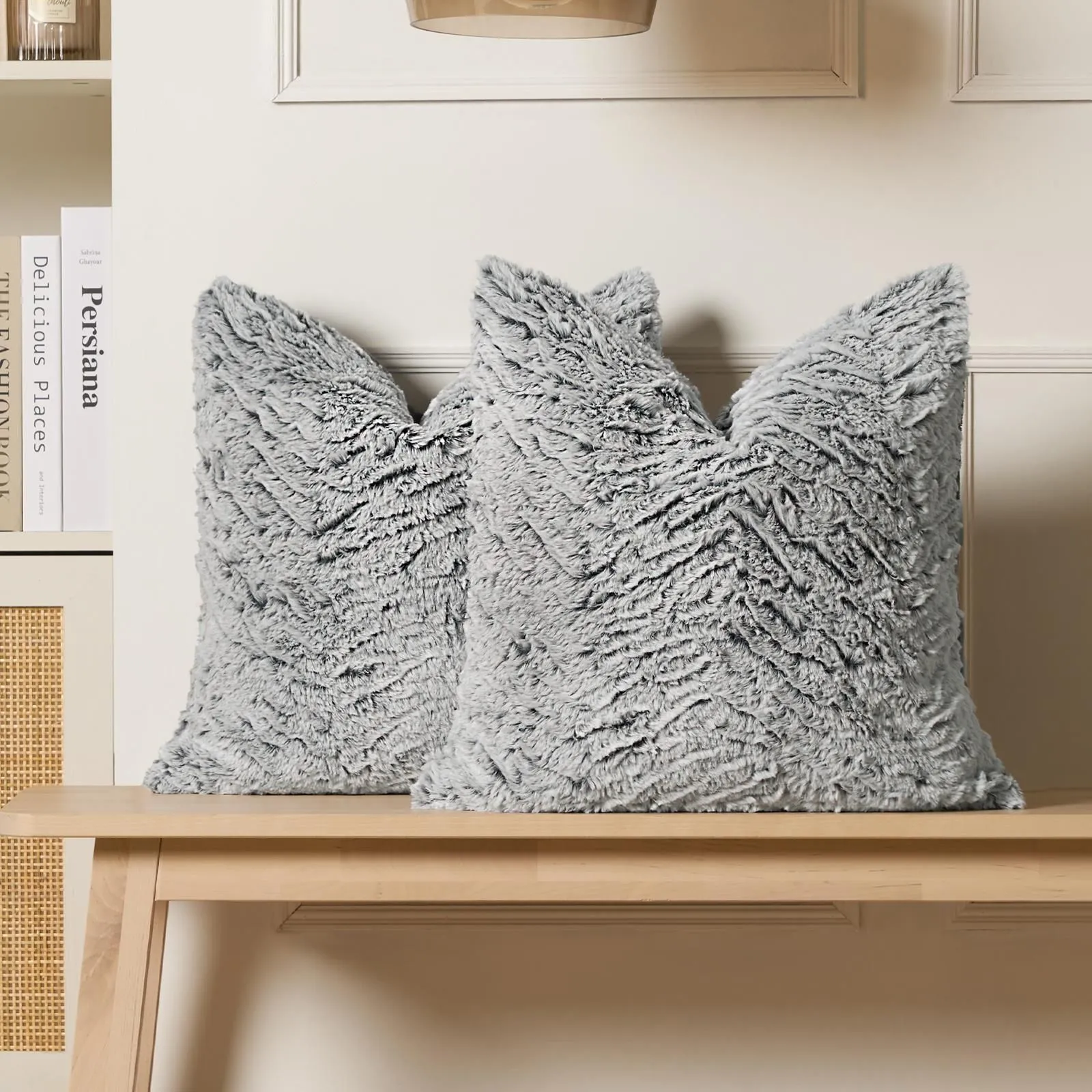 OHS 2 Pack Two Tone Faux Fur Soft Fleece Cushion Covers in Light Grey