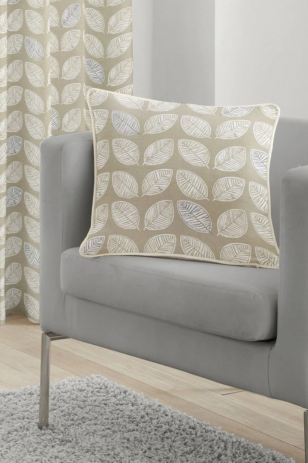 Fusion 'Delft' Hand Drawn Leaf Print Filled 100% Cotton Cushion in Natural 2
