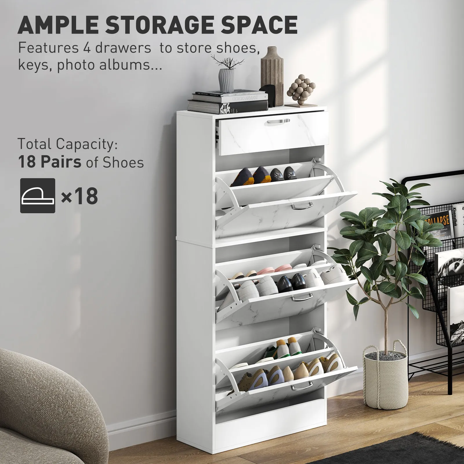 HOMCOM Shoe Cabinet w/ 4 Drawers Shoe Storage Organiser for 18 Pairs Black in White 4