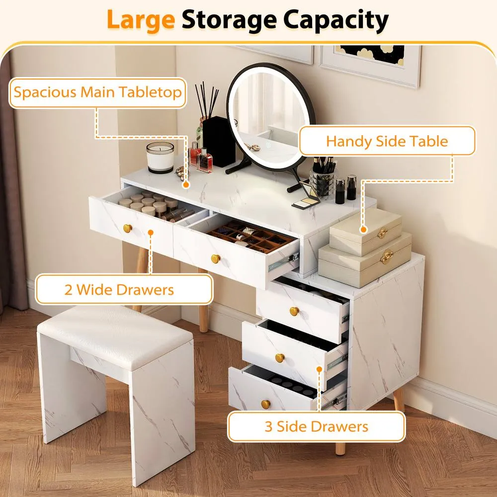 Costway Modern Vanity Desk w/Stool Makeup Vanity Set w/Mirror & 3 Modes Lights in White 4