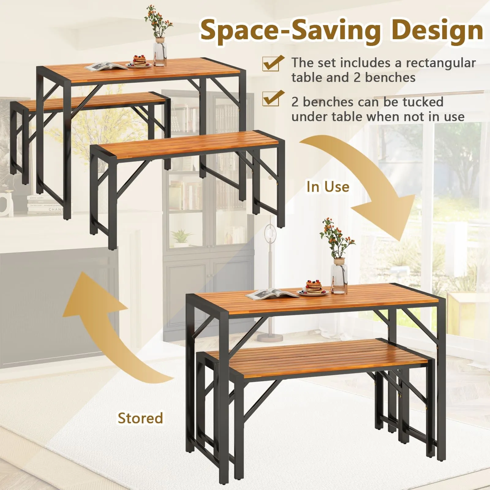 Costway 3-Pieces Patio Dining Set for 4 People Outdoor Picnic Table & 2 Benches in Natural 6