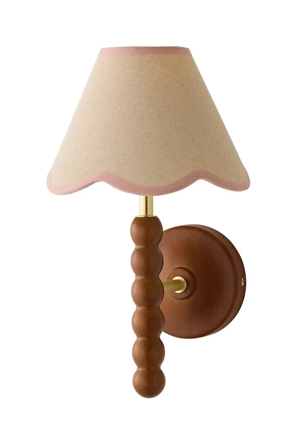 ValueLights Bobbins Walnut Bobble Wall Light & Linen Trim Lamp Shade & Bulb in Baby Pink 6